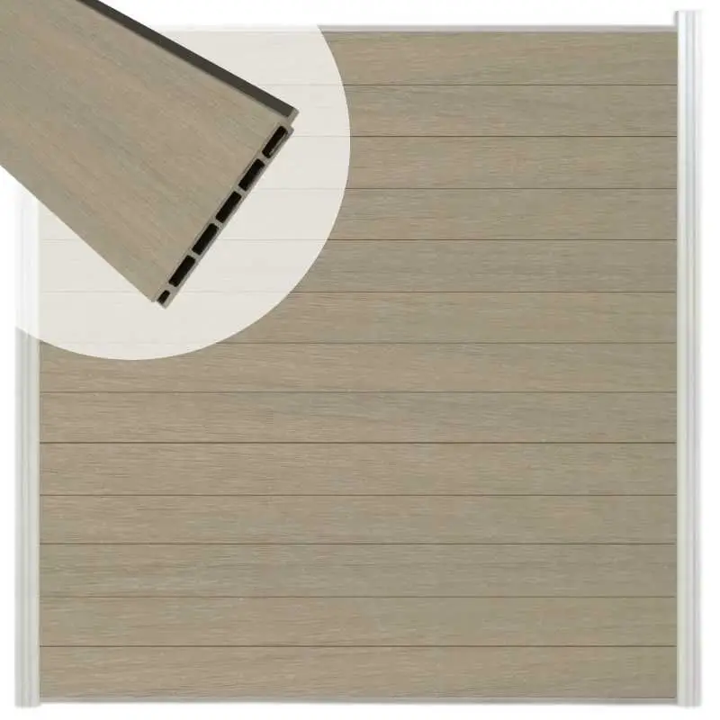 Schutting composiet co-extrusie Garda vergrijsd bruin met blank alu kader (180 x 200 cm) Beperkte Voorraad