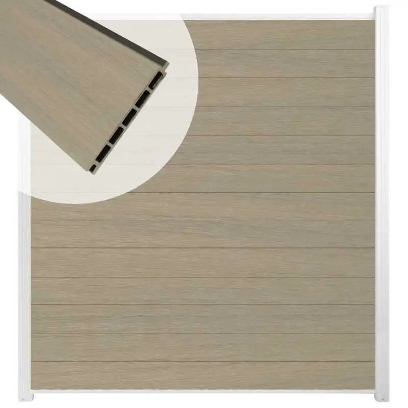 Schutting composiet co-extrusie Garda vergrijsd bruin met wit alu kader (180 x 200 cm) Op = Op