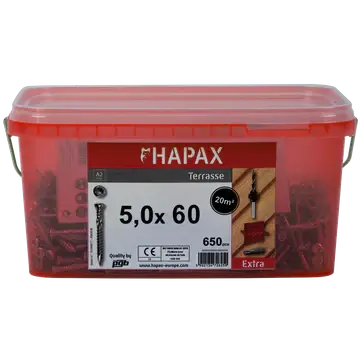 Hoge Kwaliteit Hardhoutschroef HAPAX Torx RVS A2 5X60 - 650 stuks - emmer